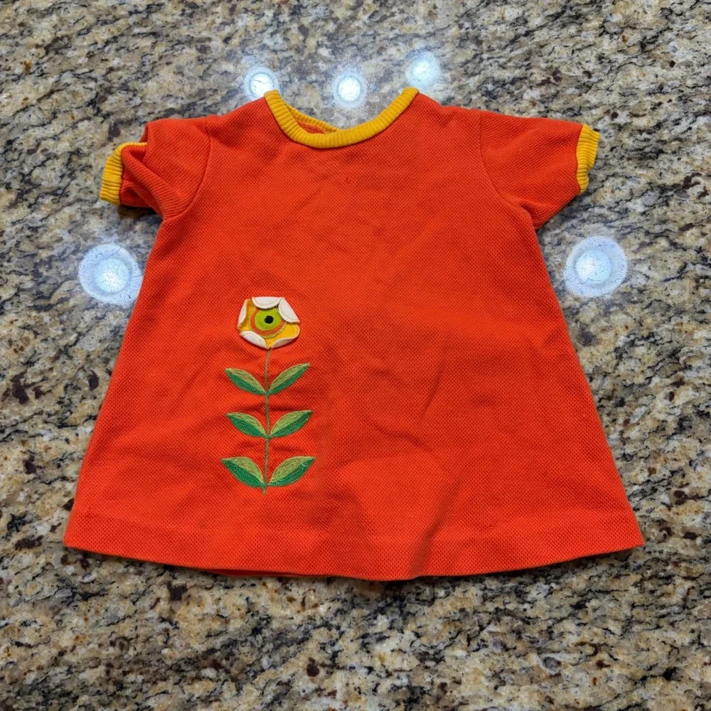 Vintage Orange Embroidered Flower Baby Dress Yellow Trim Retro 70s Short Sleeve